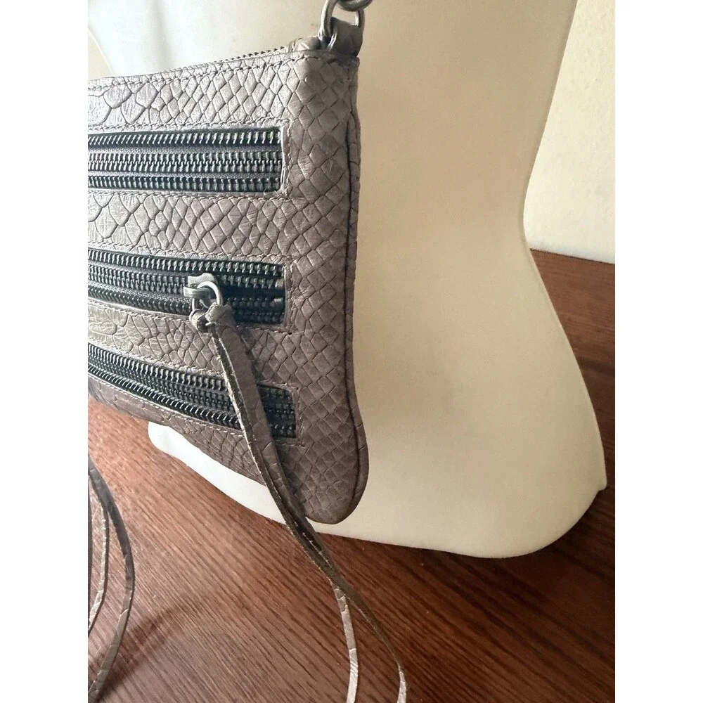 Rebecca Minkoff 3-Zip Crossbody Bag Taupe Grey Snake Embossed Leather Fringe